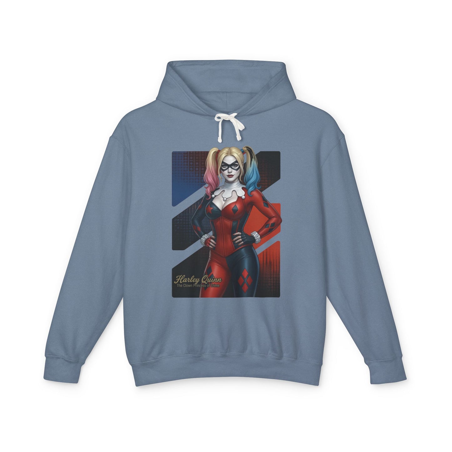 Harley Quinn Hoodie | DC Comics Hoodie | Anime Villain Girl Pullover front view blue pullover with bold anime-style Harley Quinn illustration