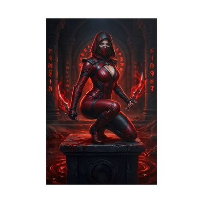 Skarlet Mortal Kombat Poster – Iconic Blood Mage Heroine Wall Art, red-clad warrior kneeling with blood magic daggers in dark fantasy shrine