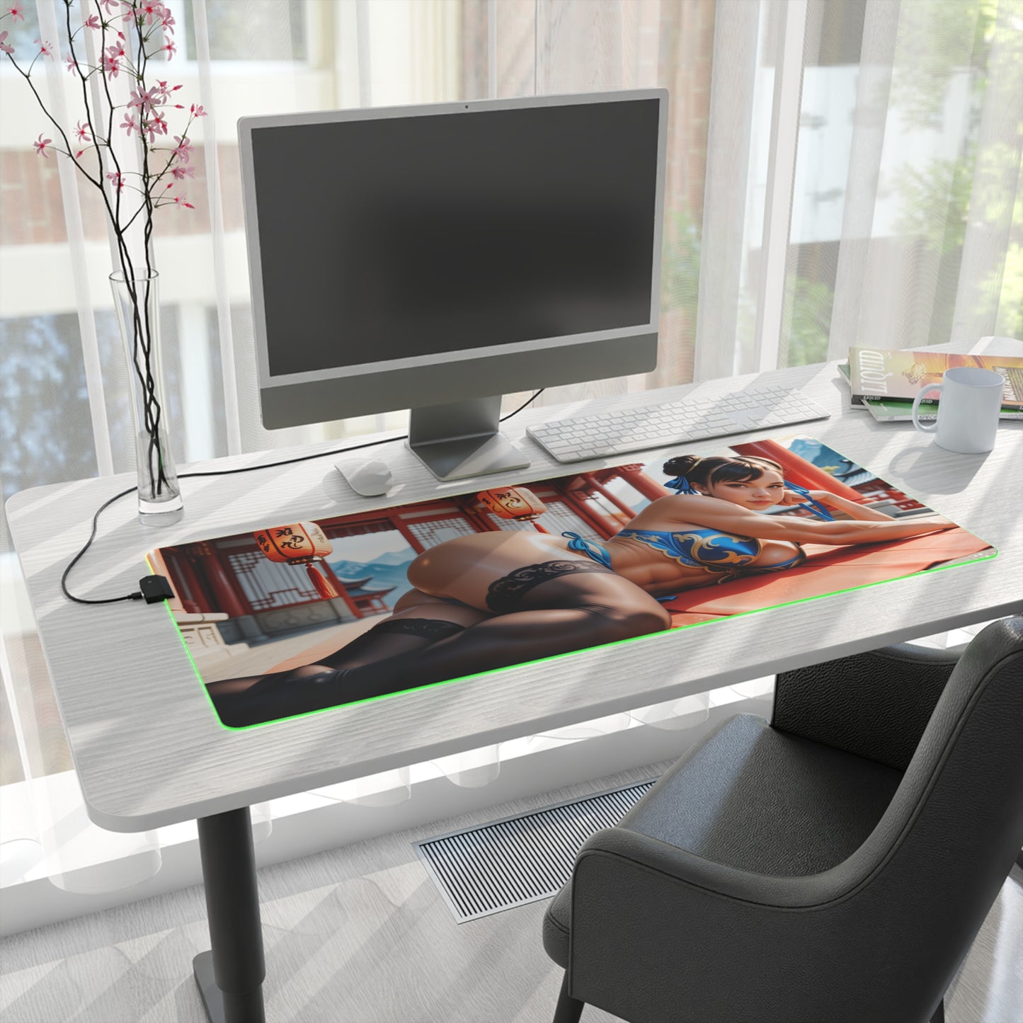 Chun-Li Desk Mat – LED RGB Pad, Waifu Fighter Anime Girl Gaming Setup