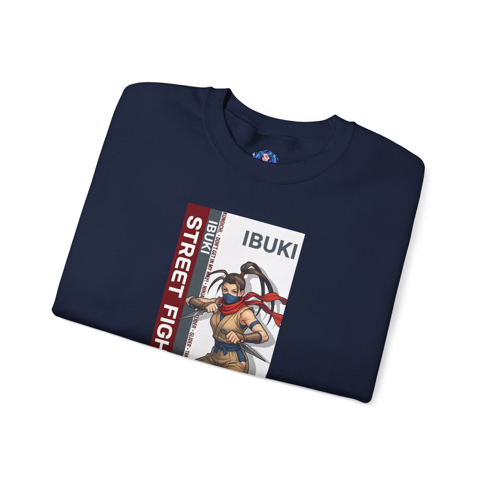 Ibuki Sweatshirt, Street Fighter Crewneck, Agile Ninja Gaming Apparel for Fans — navy crewneck featuring Ibuki ninja artwork