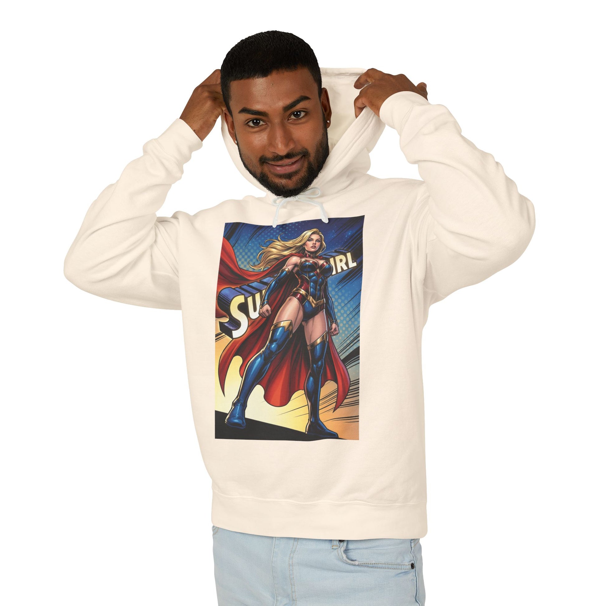Supergirl Hoodie | DC Superhero Hoodie | Girl of Steel Pullover - cream pullover with bold comic Supergirl graphic, soft 100% ring-spun cotton