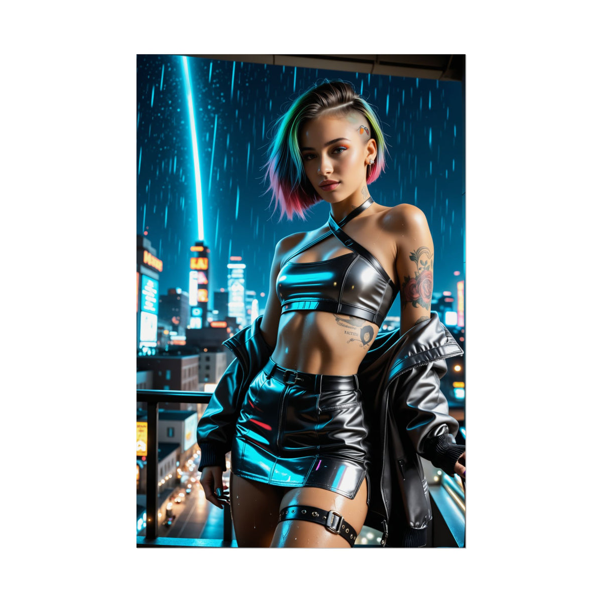 Judy Alvarez Poster  Cyberpunk Heroine Wall Art for Gaming Room Decor featuring neon-lit futuristic heroine in leather outfit