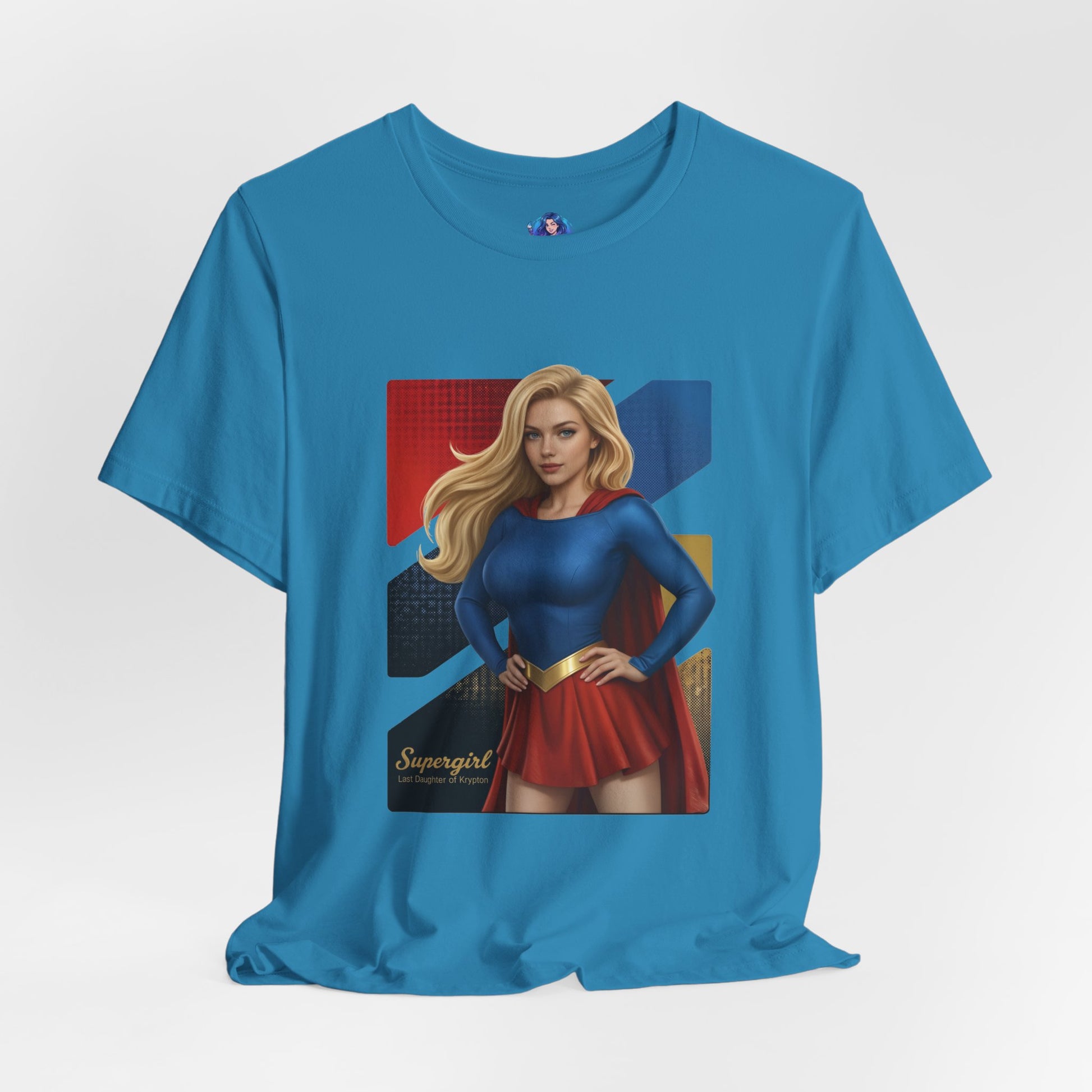 Supergirl T-Shirt | DC Comics Anime Tee for Gamers & Hero Fans - anime-style Supergirl illustration on blue Bella Canvas tee