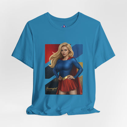 Supergirl T-Shirt | DC Comics Anime Tee for Gamers & Hero Fans - anime-style Supergirl illustration on blue Bella Canvas tee