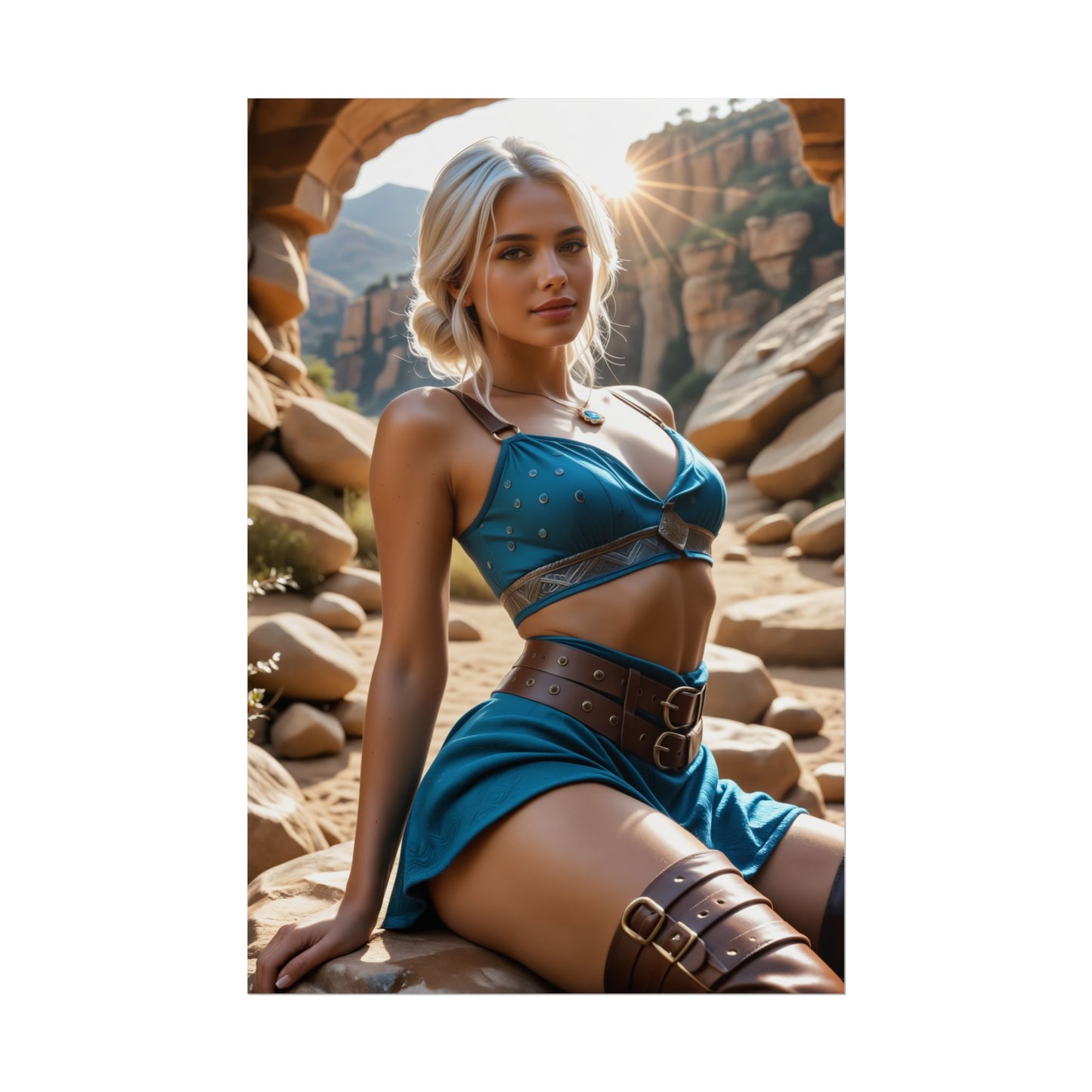 Ciri Fantasy Poster – Elegant Heroine Wall Art for Bedroom or Studio Decor, blonde warrior in blue outfit seated on sunlit rocky desert scene