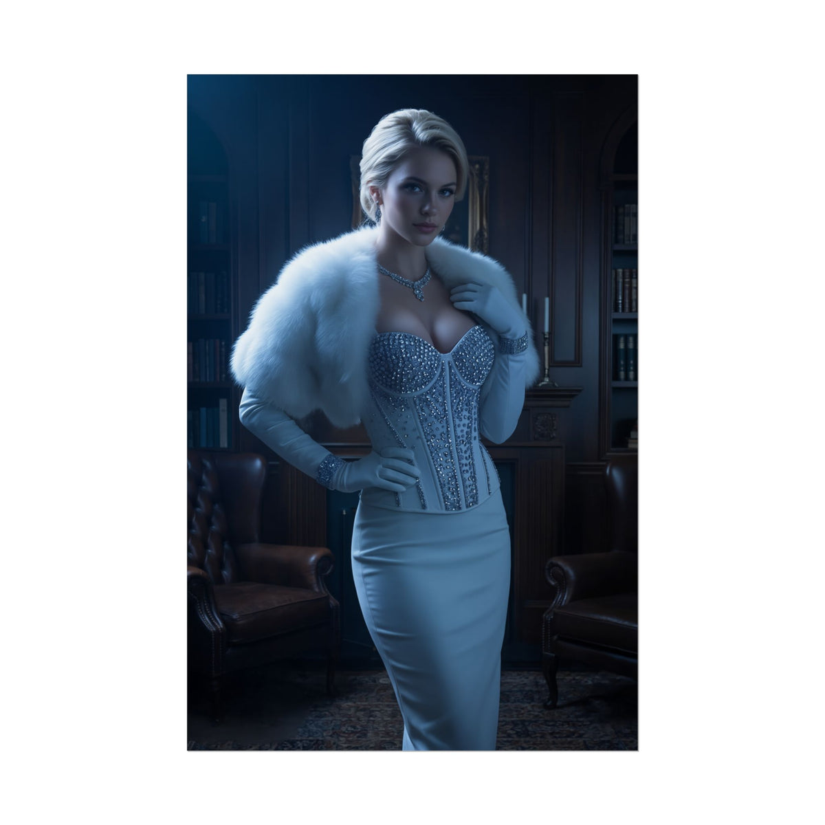 Emma Frost Poster, Marvel Art Print  Iconic Mutant Heroine Wall Art featuring elegant blonde heroine in white fur and jeweled corset, high-resolution wall art
