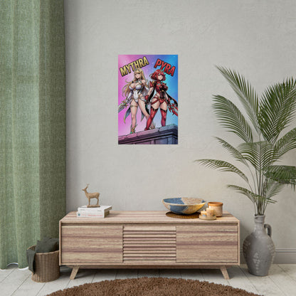 Mythra Pyra Poster / Mythra Pyra Wall Art / Mythra Pyra Art Print / JRPG Poster featuring two fantasy heroines in contrasting armor, vibrant anime-style art