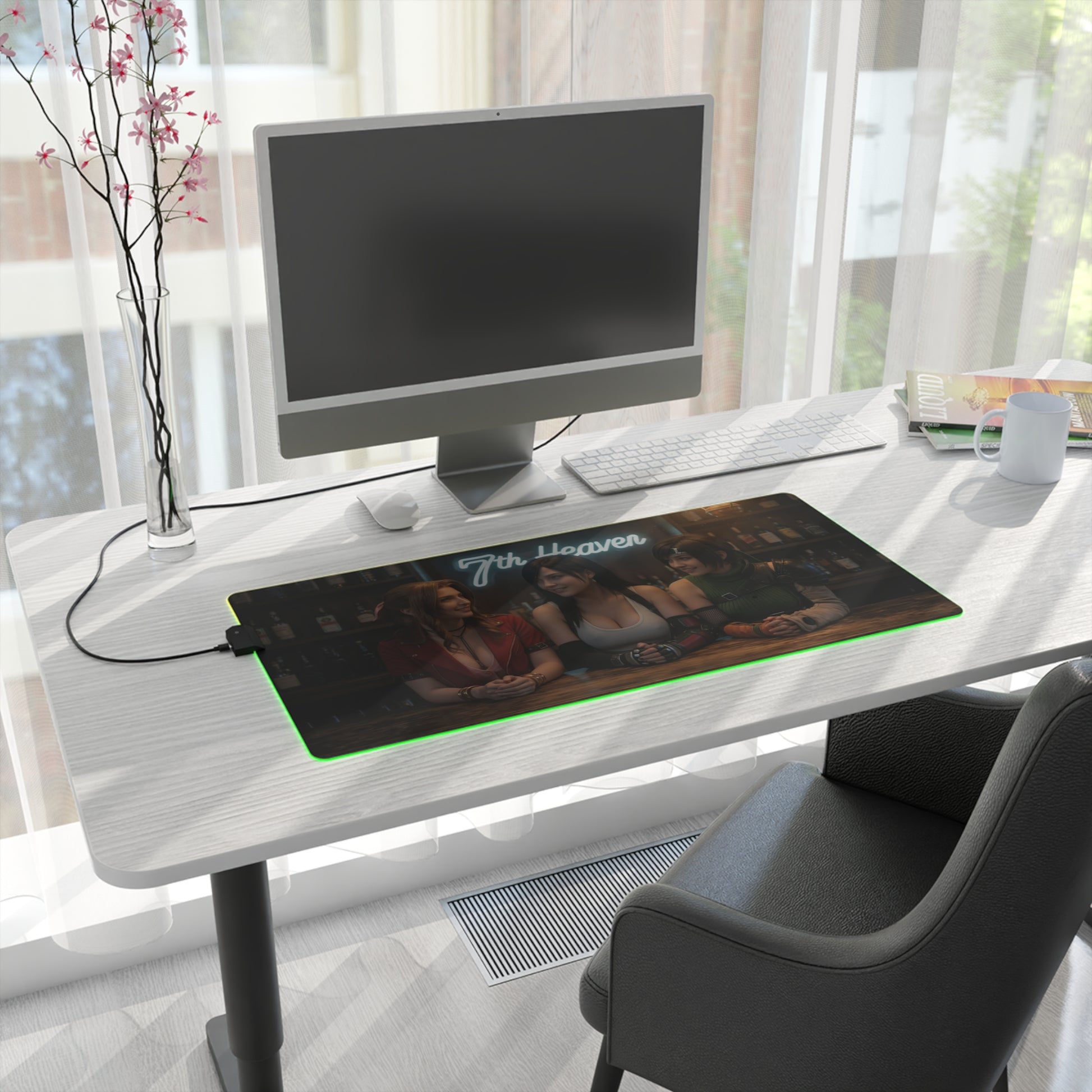 Tifa Lockhart, Aerith Gainsborough & Yuffie Kisaragi Desk Mat – LED RGB Pad on minimalist white desk with monitor and green LED glow