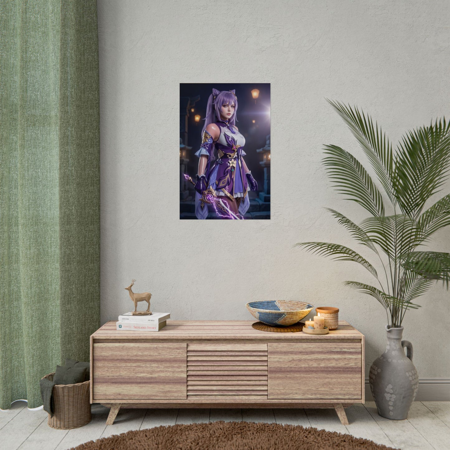 Keqing Poster, Genshin Impact Art Print – Iconic Electro Heroine Wall Art, framed poster above modern console in living room