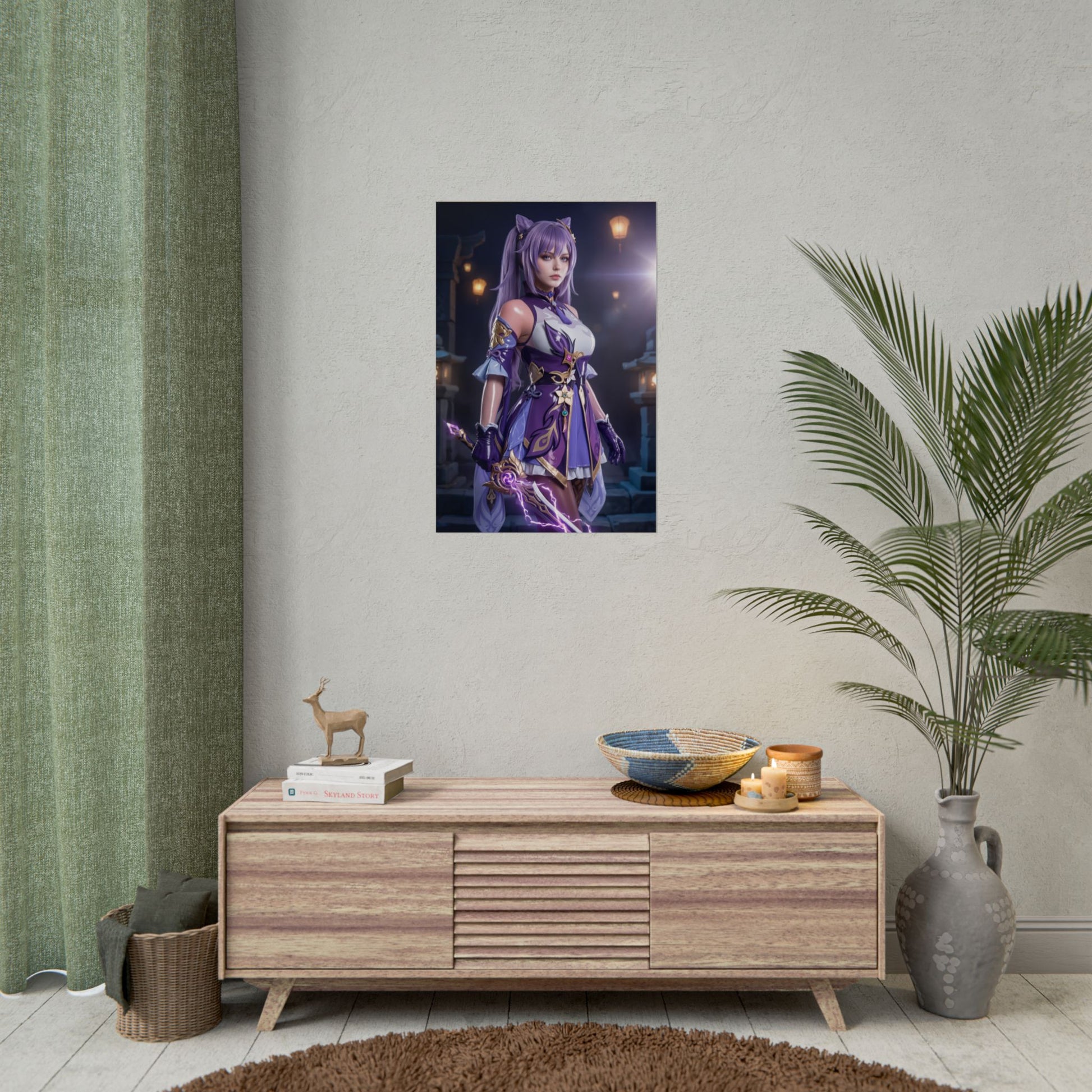Keqing Poster, Genshin Impact Art Print – Iconic Electro Heroine Wall Art, framed poster above modern console in living room