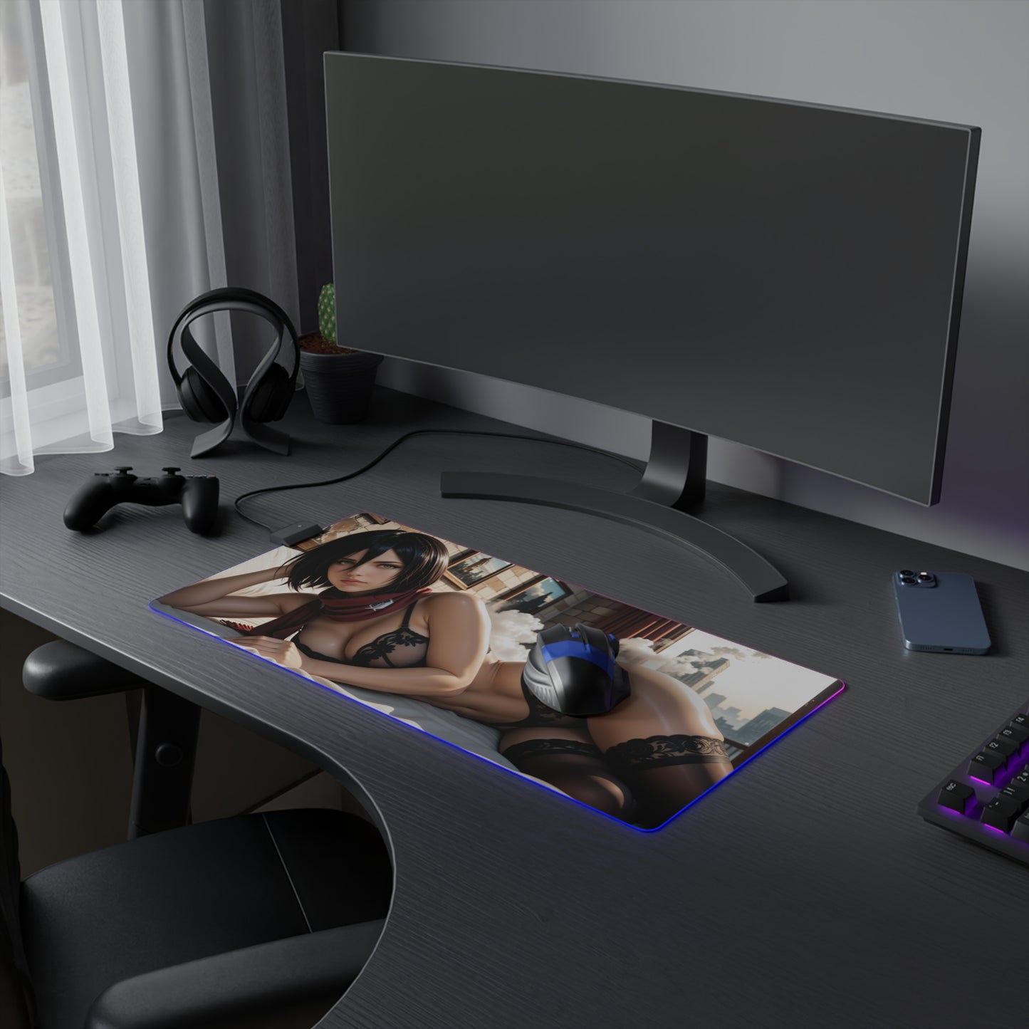 Mikasa Ackerman Desk Mat – LED RGB Pad, Waifu Anime Girl Gaming Setup