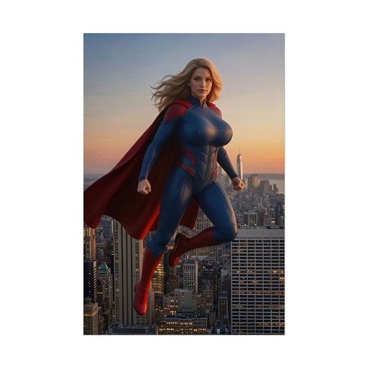 Supergirl Poster, DC Comics Art Print – Superhero Wall Art showing heroic female superhero in blue suit and red cape over city skyline at sunset