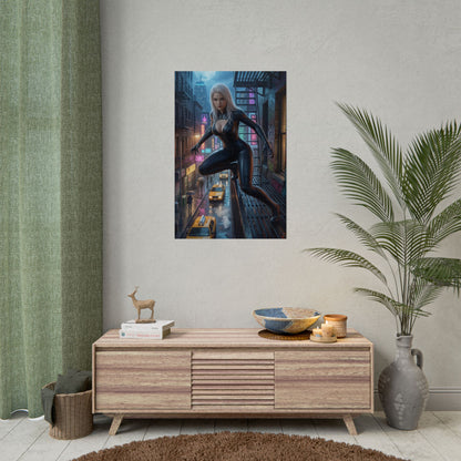 Black Cat Poster, Marvel Art Print – Iconic Comic Anti-Heroine Wall Art featuring sleek Black Cat in a neon city scene above taxis