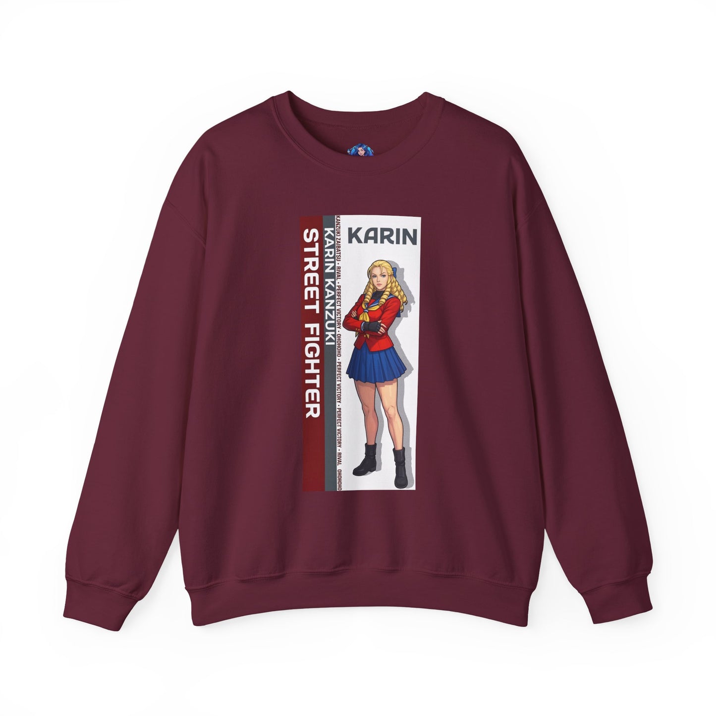 Karin Sweatshirt, Street Fighter Crewneck, Elegant Fighting Game Apparel for Fans – burgundy crewneck with Karin illustration