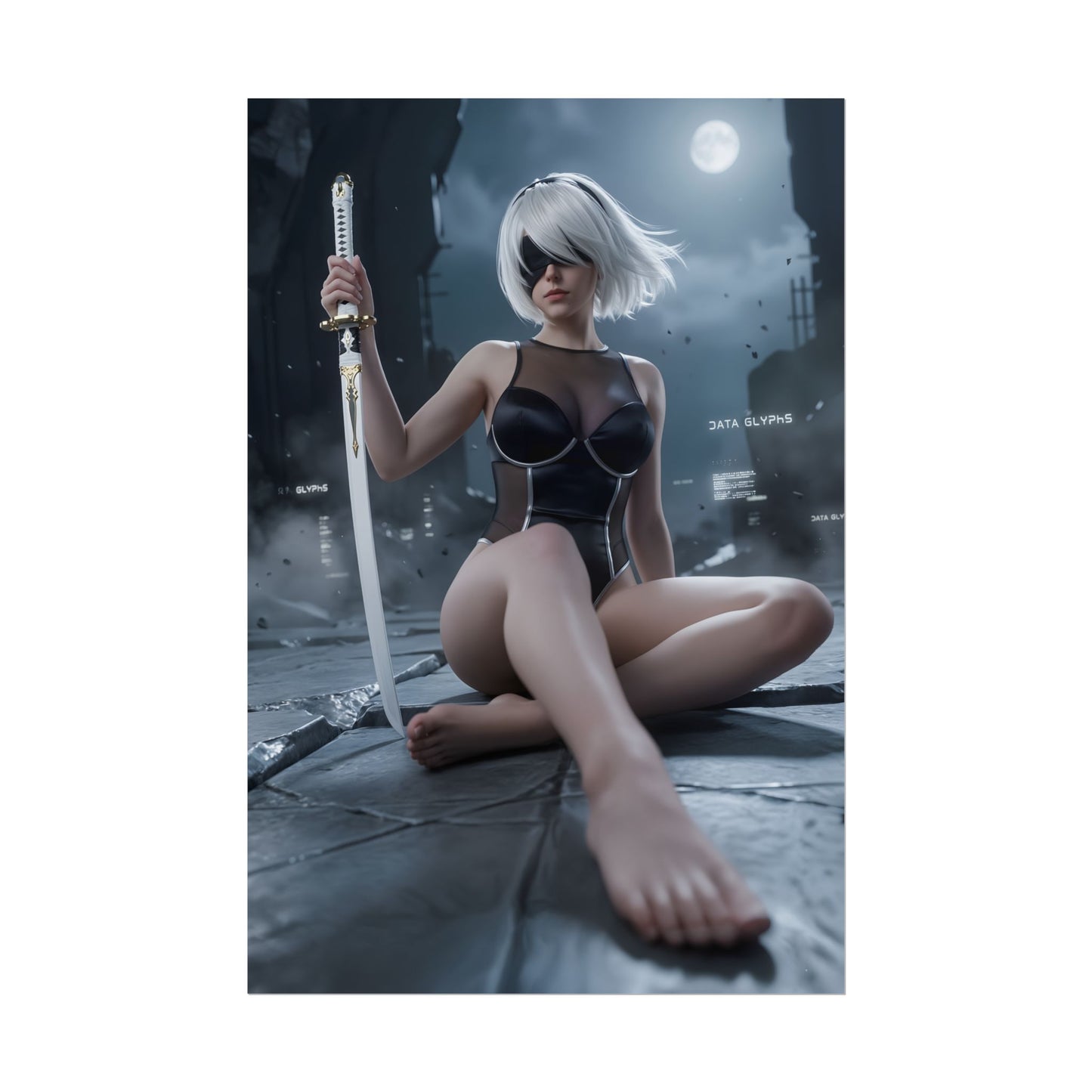 2B Poster / 2B Wall Art / 2B Art Print / NieR Automata Poster showing 2B seated on ruined moonlit city pavement with sword, cinematic sci‑fi contrast