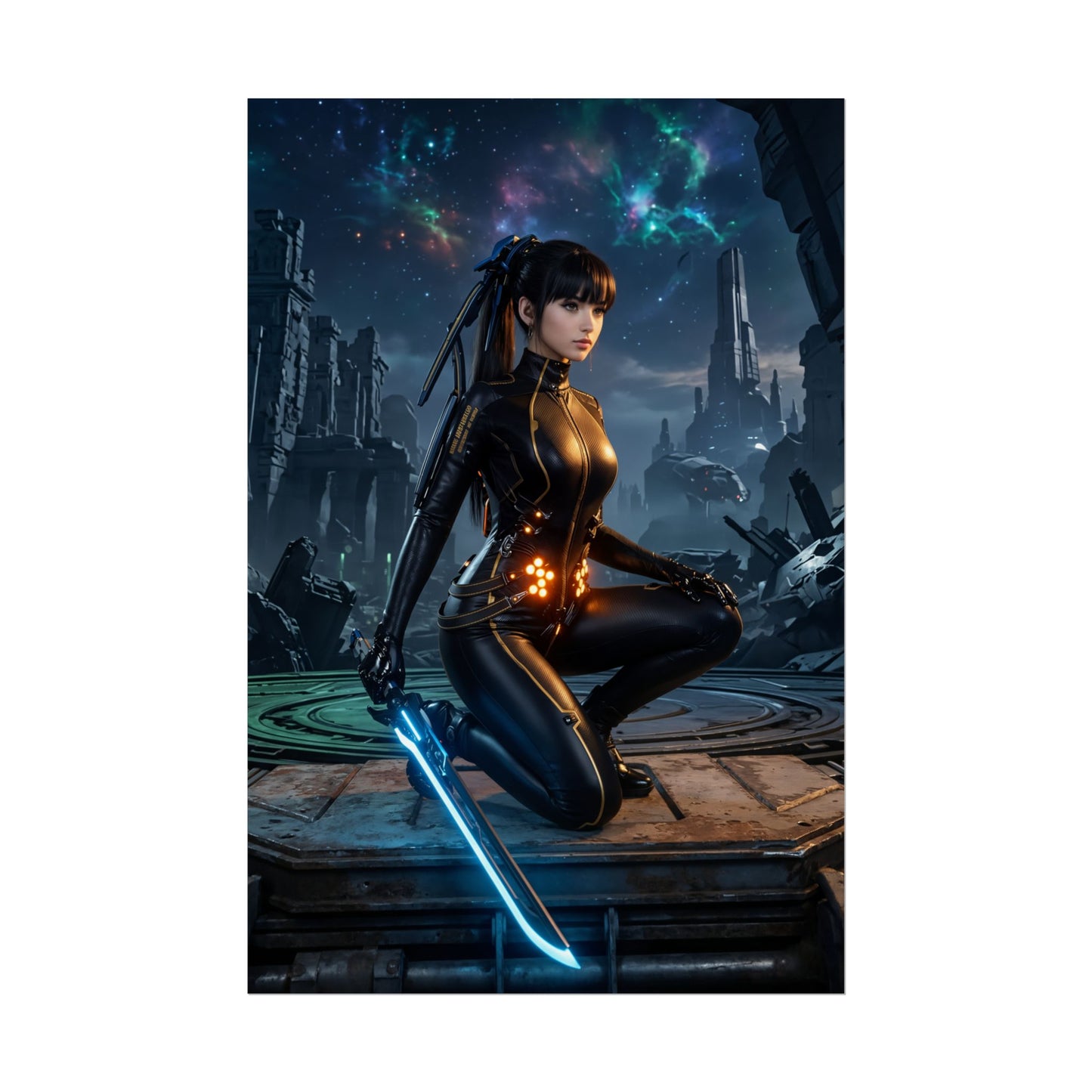 EVE Poster, Stellar Blade Print, Iconic Sci-Fi Warrior Art featuring a poised futuristic warrior woman kneeling with glowing blade in a ruined sci-fi landscape