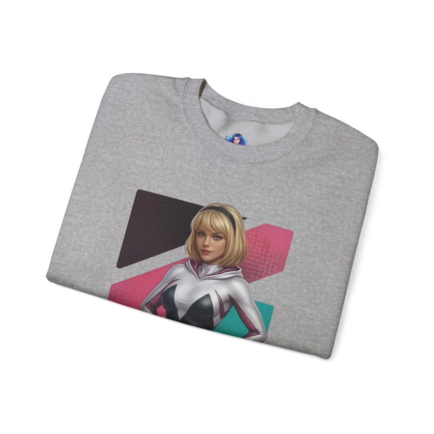 Spider Gwen Sweatshirt, Spider-Verse Crewneck, Stylish Superhero Apparel for Fans folded grey crewneck with Spider Gwen artwork and pink-white accents