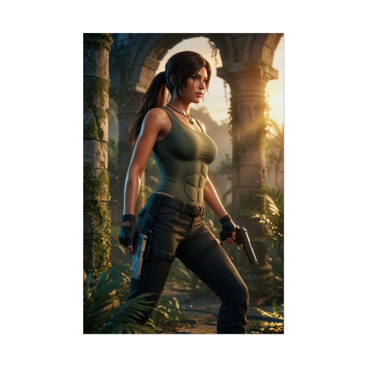 Lara Croft Poster, Tomb Raider Wall Art Print  Gaming Adventure Decor featuring realistic Lara Croft in ruins with dual pistols