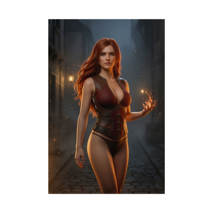 Triss Merigold Poster Witcher Wall Art Print Fantasy Room Decor - cinematic sorceress on a dark medieval street with warm fire glow