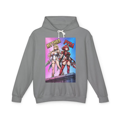 Mythra & Pyra Hoodie | JRPG Fantasy Hoodie | Anime Warrior Pullover - gray streetwear pullover featuring Mythra and Pyra anime art