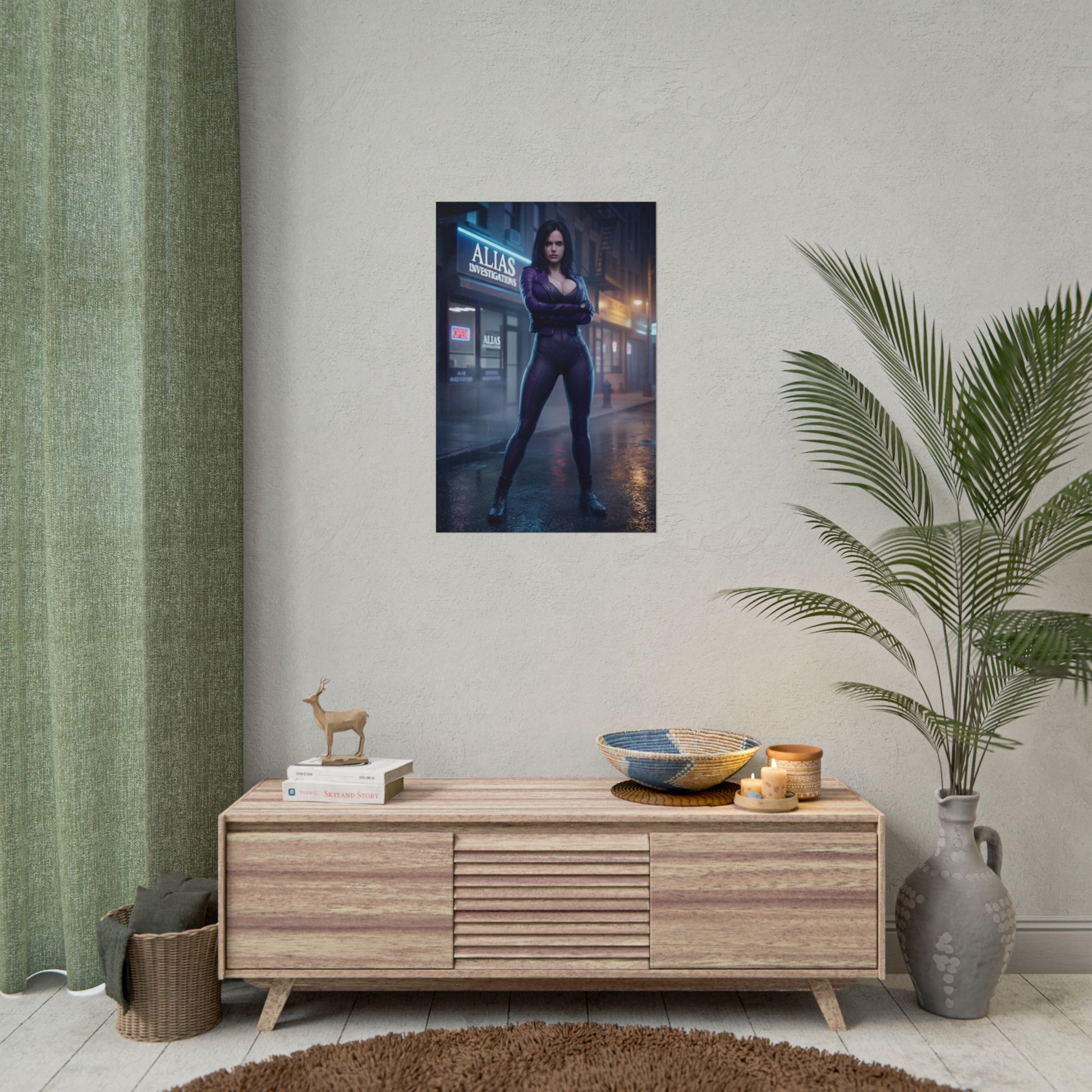 Jessica Jones Poster, Marvel Art Print – Superhero Wall Art showing noir-style Jessica Jones poster hung in modern gamer room decor