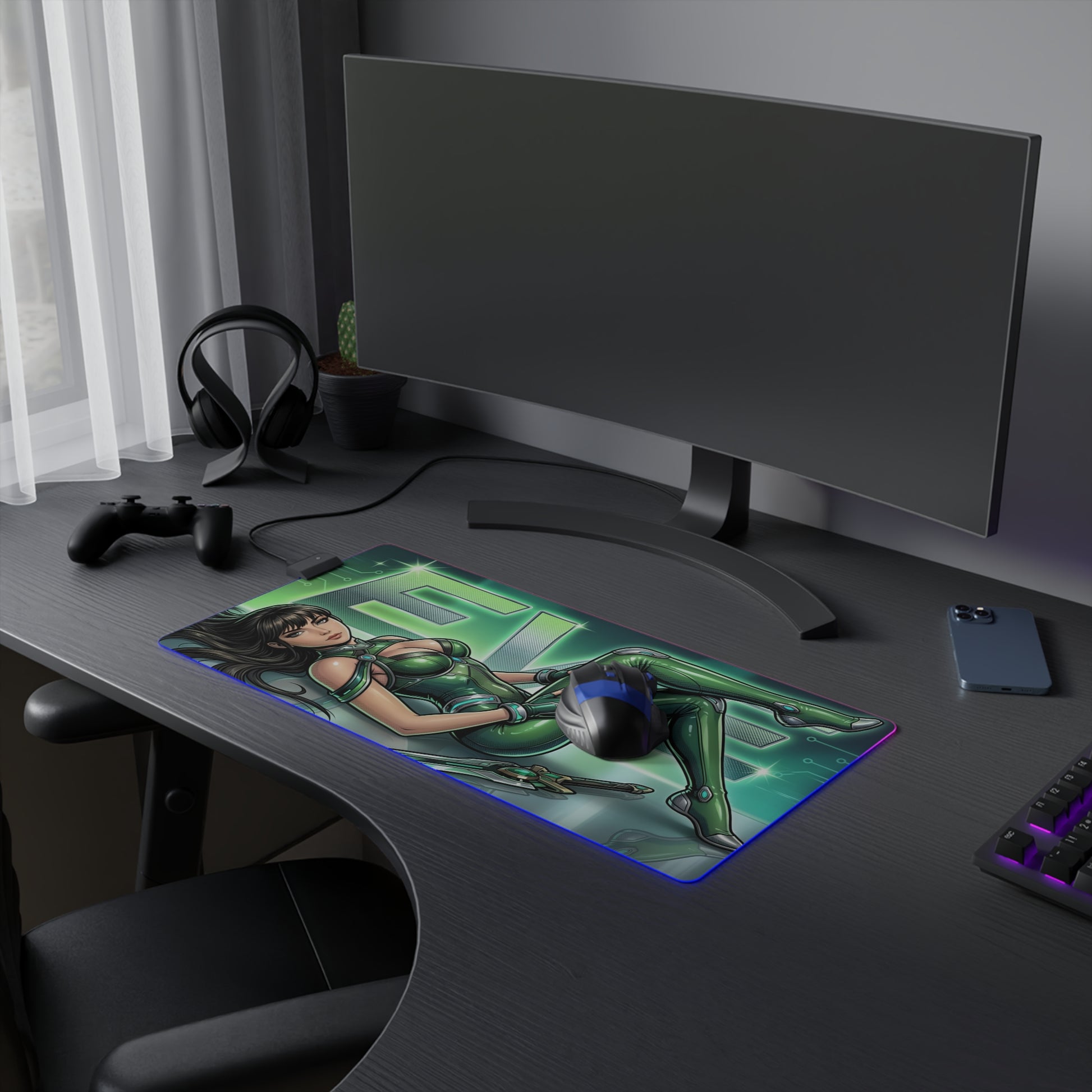 EVE RGB Desk Mat, Stellar Blade Gaming Mouse Pad, LED Desk Mat for Futuristic Setup showcasing character artwork on RGB mat beside monitor
