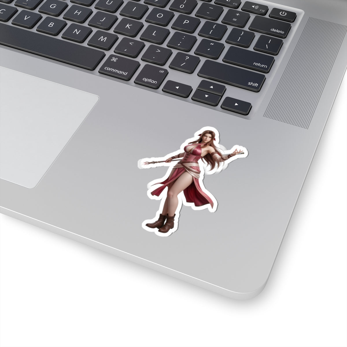 Aerith Sticker – Fantasy Game Vinyl Sticker for Laptops & Indoor Decor on silver laptop showing glossy die-cut character sticker of elegant fantasy heroine