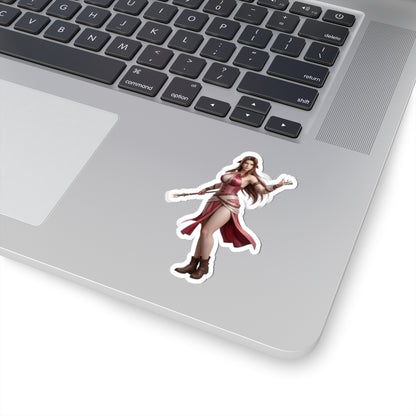 Aerith Sticker – Fantasy Game Vinyl Sticker for Laptops & Indoor Decor on silver laptop showing glossy die-cut character sticker of elegant fantasy heroine