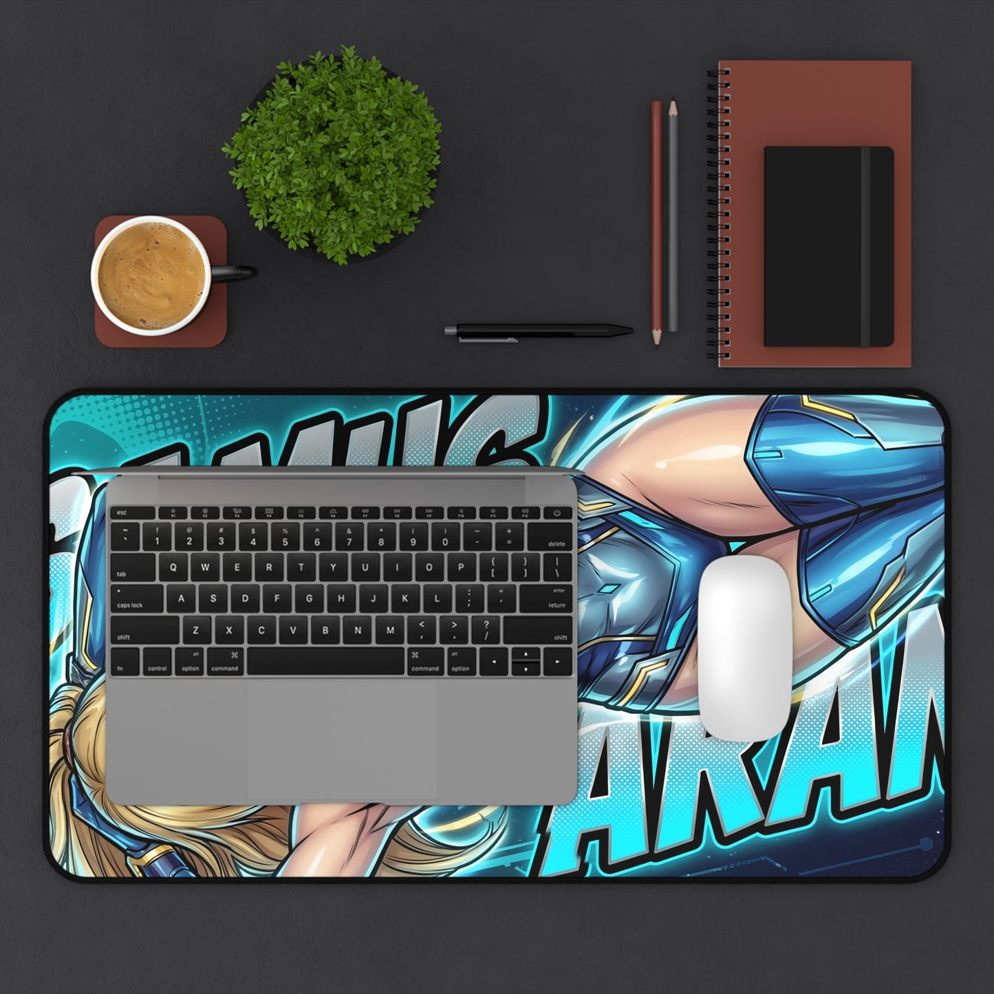 Samus Aran Mouse Pad – Sci-Fi Gaming Mouse Pad, Stylish Gamer Desk Decor showing vibrant Samus artwork on large desk mat with laptop and mouse