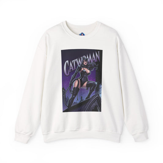 Catwoman Sweatshirt, DC Comics Character Art, Premium Fan Apparel — white crewneck with glossy Catwoman rooftop illustration