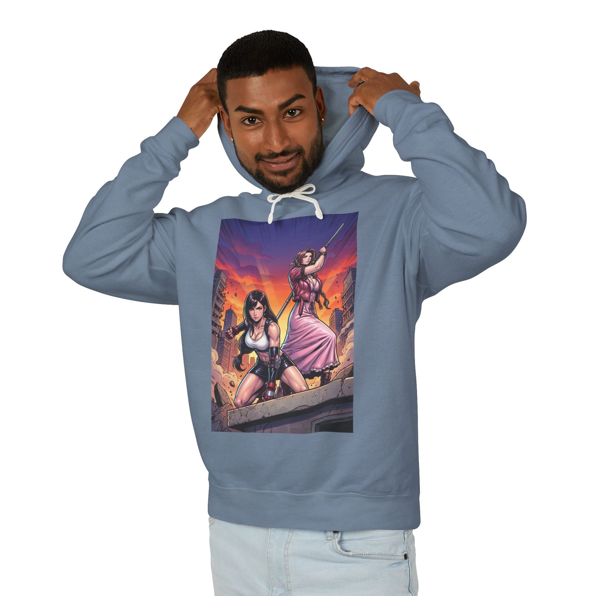 Tifa & Aerith Hoodie | Final Fantasy Heroine Hoodie | Legendary Duo Pullover modeled on a blue pullover with bold streetwear artwork