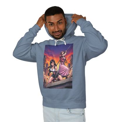 Tifa & Aerith Hoodie | Final Fantasy Heroine Hoodie | Legendary Duo Pullover modeled on a blue pullover with bold streetwear artwork