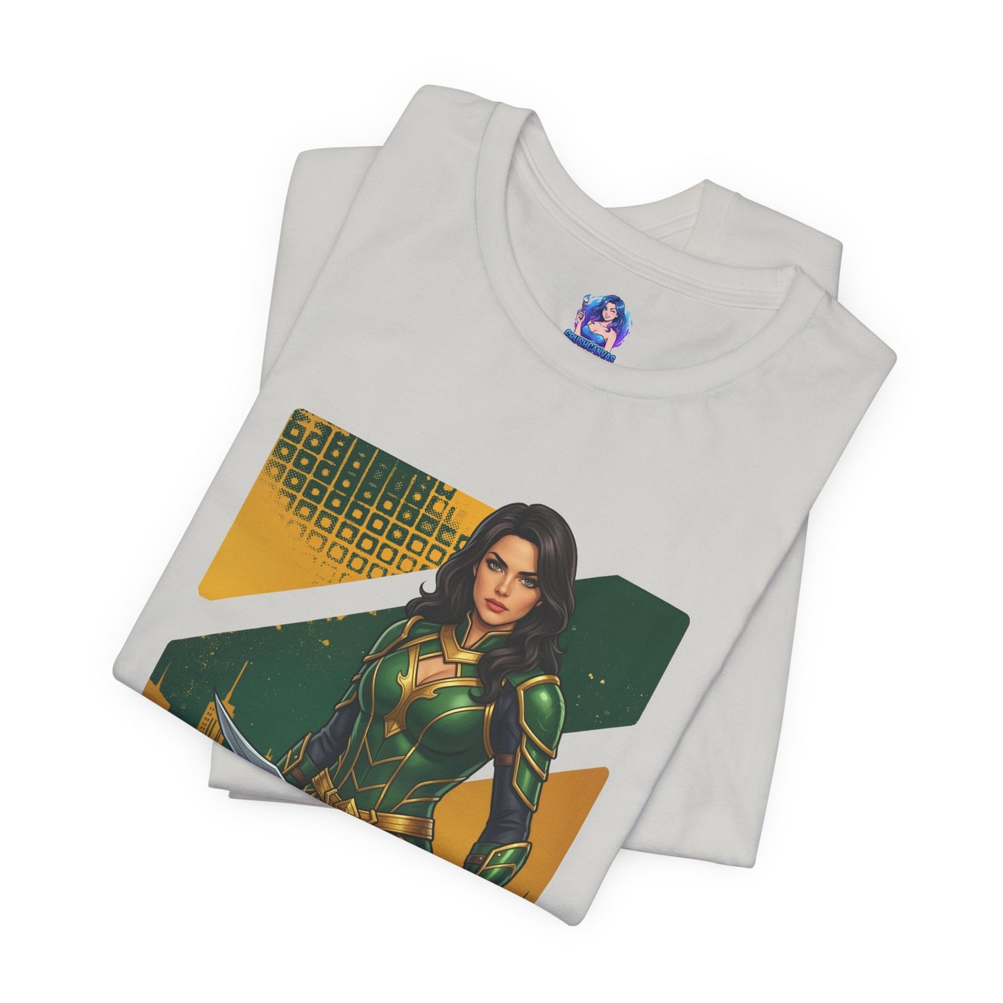 Talia al Ghul T-Shirt | DC Comics Anime Tee for Gamers & Comic Fans - folded white Bella Canvas tee with anime-style Talia illustration