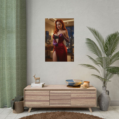 Jessica Rabbit Poster, Classic Animation Art Print – Retro Pop Culture Icon hanging in modern living room over console, retro pop-art decor