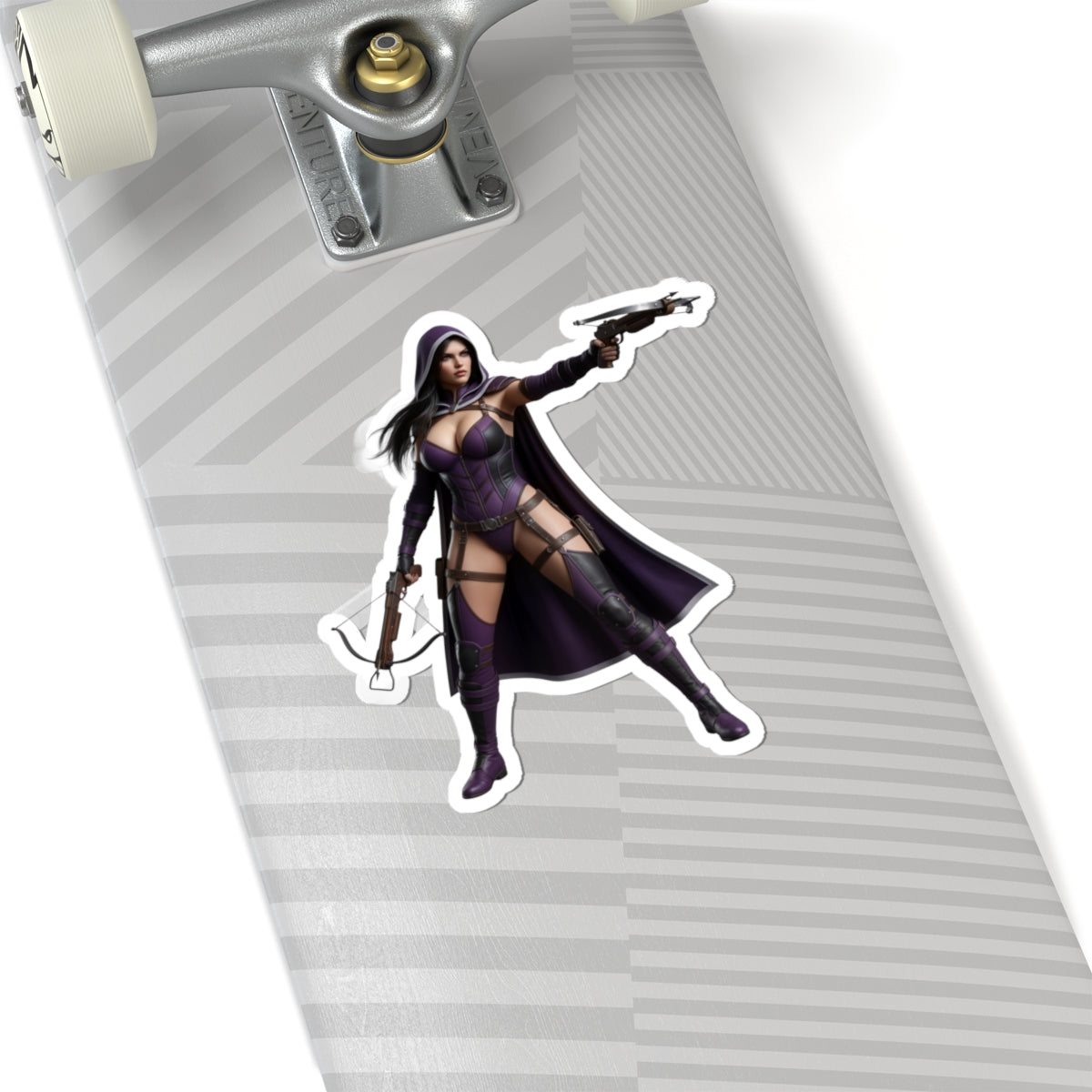 Huntress Sticker – Comic Heroine Vinyl Sticker for Laptops & Indoor Decor on skateboard, glossy durable vinyl, vibrant comic-style artwork