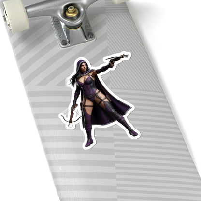 Huntress Sticker – Comic Heroine Vinyl Sticker for Laptops & Indoor Decor on skateboard, glossy durable vinyl, vibrant comic-style artwork