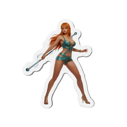 Nami Magnet – One Piece Anime Heroine Fridge Magnet, Pirate Decor showing die-cut vinyl Nami in teal outfit with staff on white fridge magnet