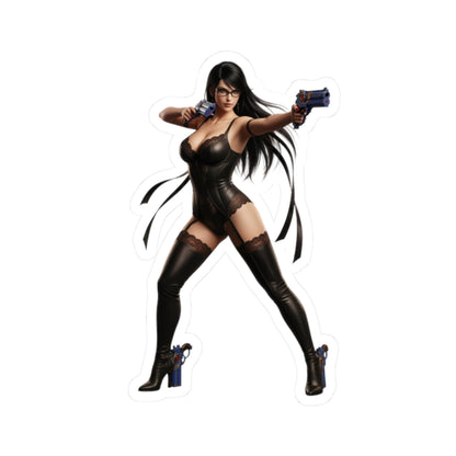 Bayonetta Sticker – Action Game Vinyl Sticker for Laptops & Indoor Decor showing glossy vinyl Bayonetta pose with dual guns, sharp detail for laptops and indoor decor