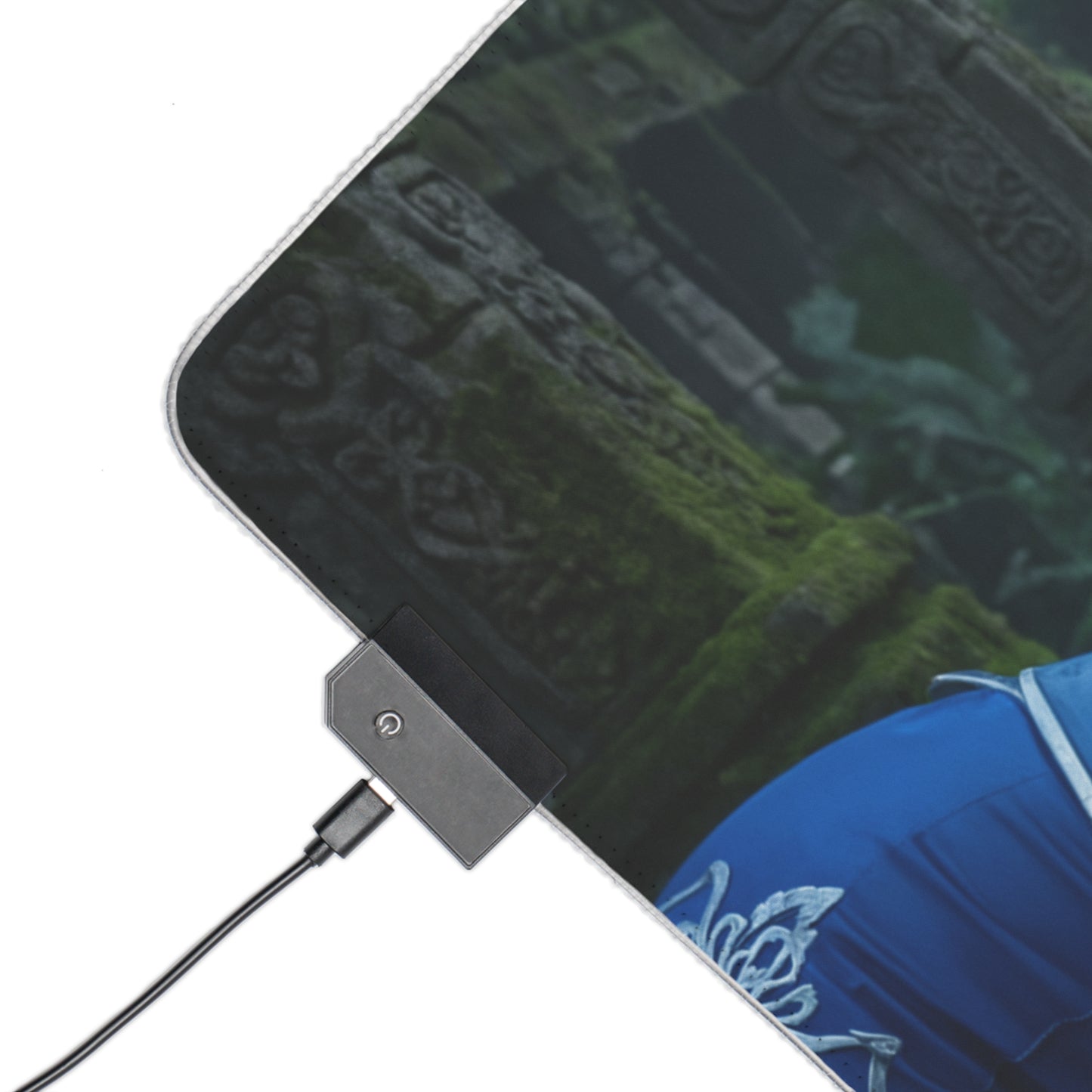 Kitana and Jade Desk Mat – LED RGB Pad, Waifu Fighter Setup USB LED controller close-up on mossy temple design corner