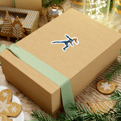 Samus Aran Sticker – Futuristic Game Vinyl Sticker for Laptops & Indoor Decor on a gift box, glossy vibrant vinyl decal of iconic sci‑fi heroine