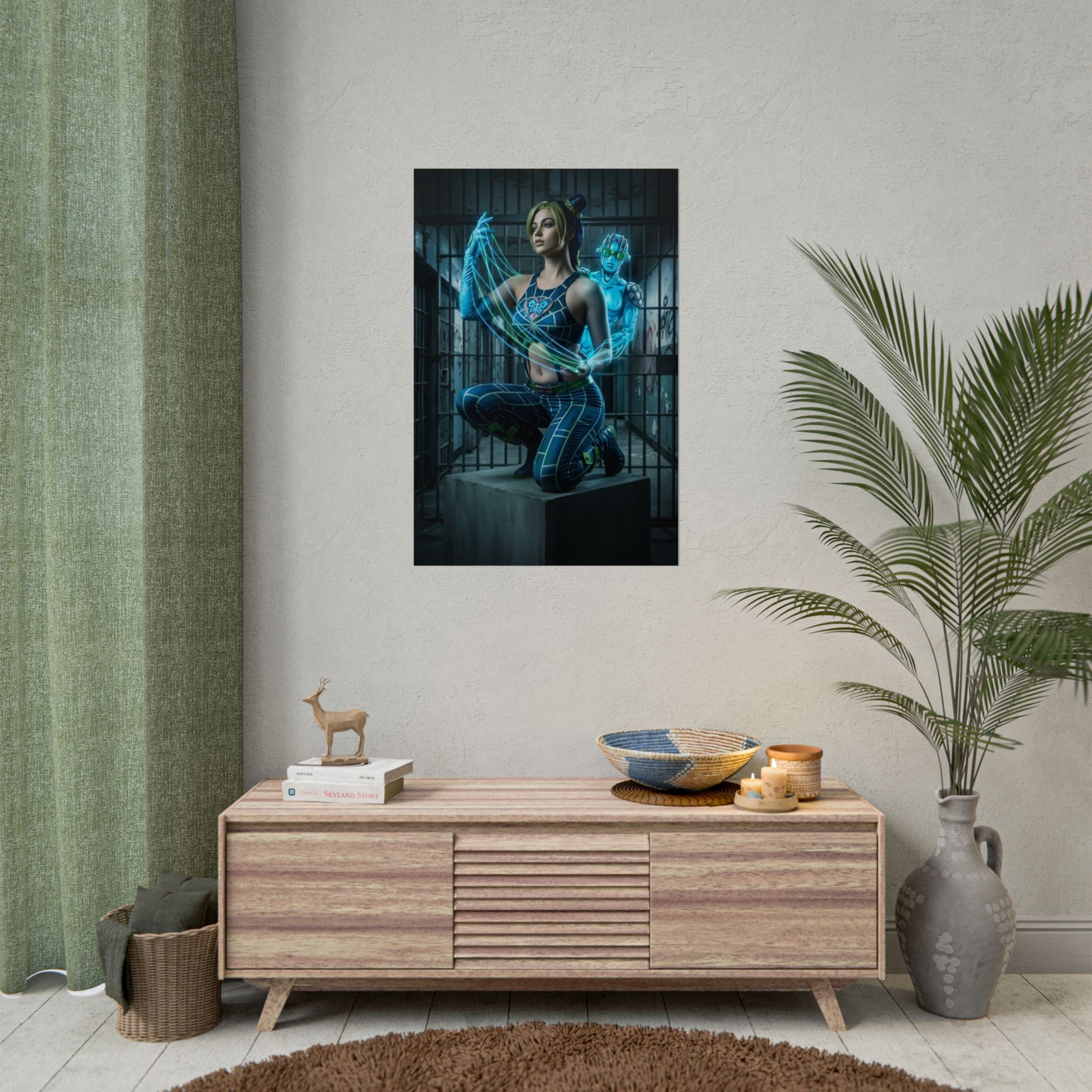 Jolyne Cujoh Poster, JoJo Stone Ocean Art Print, Iconic Anime Hero framed on modern living room wall featuring dynamic protagonist pose