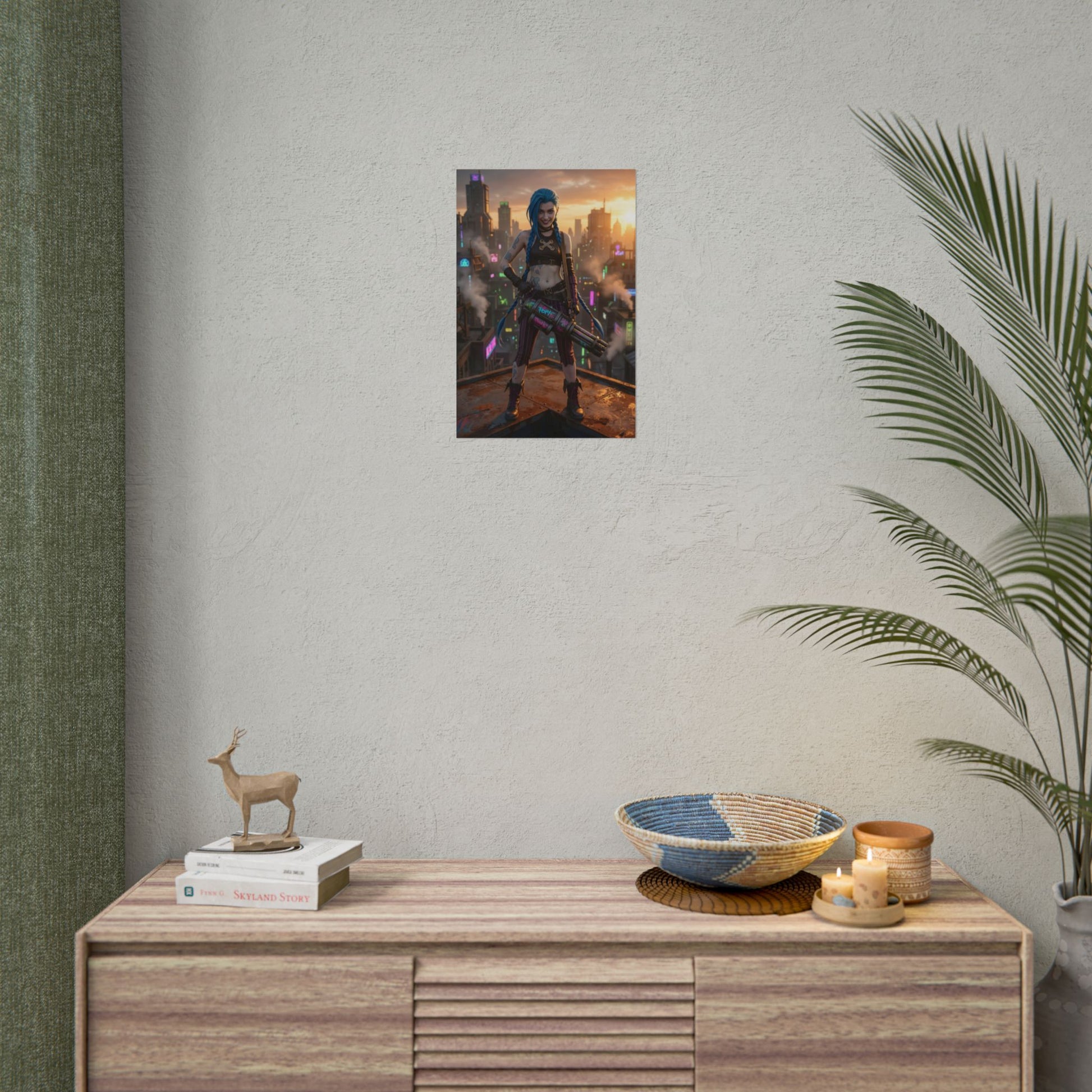 Jinx Poster, League of Legends Art Print, Iconic Chaotic Champion showcasing bold character art hung in a modern gaming room