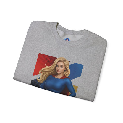 Supergirl Sweatshirt, DC Comics Crewneck, Iconic Superhero Apparel for Fans – folded grey crewneck with Supergirl illustration in blue and red colors