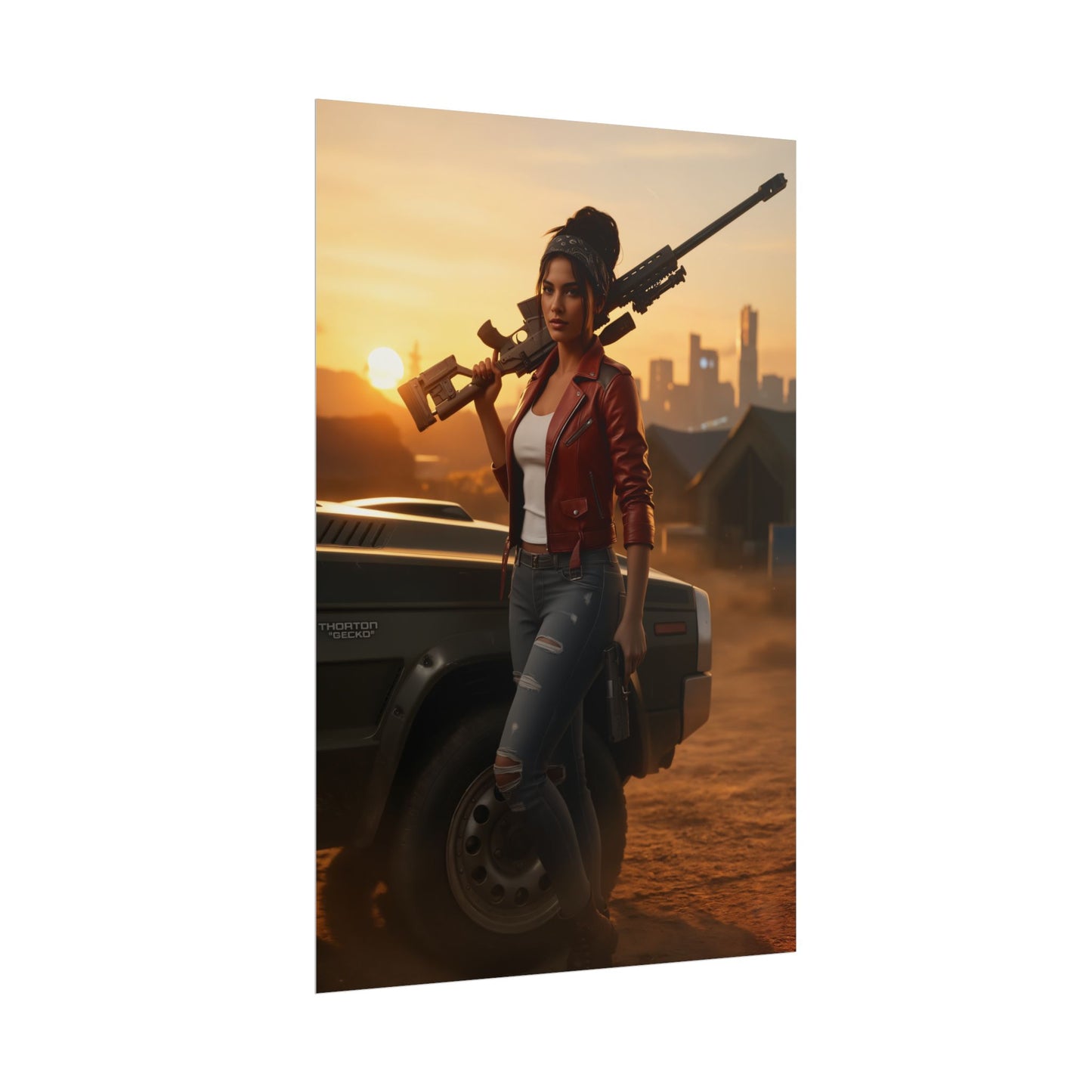 Panam Palmer Poster, Cyberpunk 2077 Art Print, Iconic Nomad Character - confident nomad with rifle at sunset gaming wall art