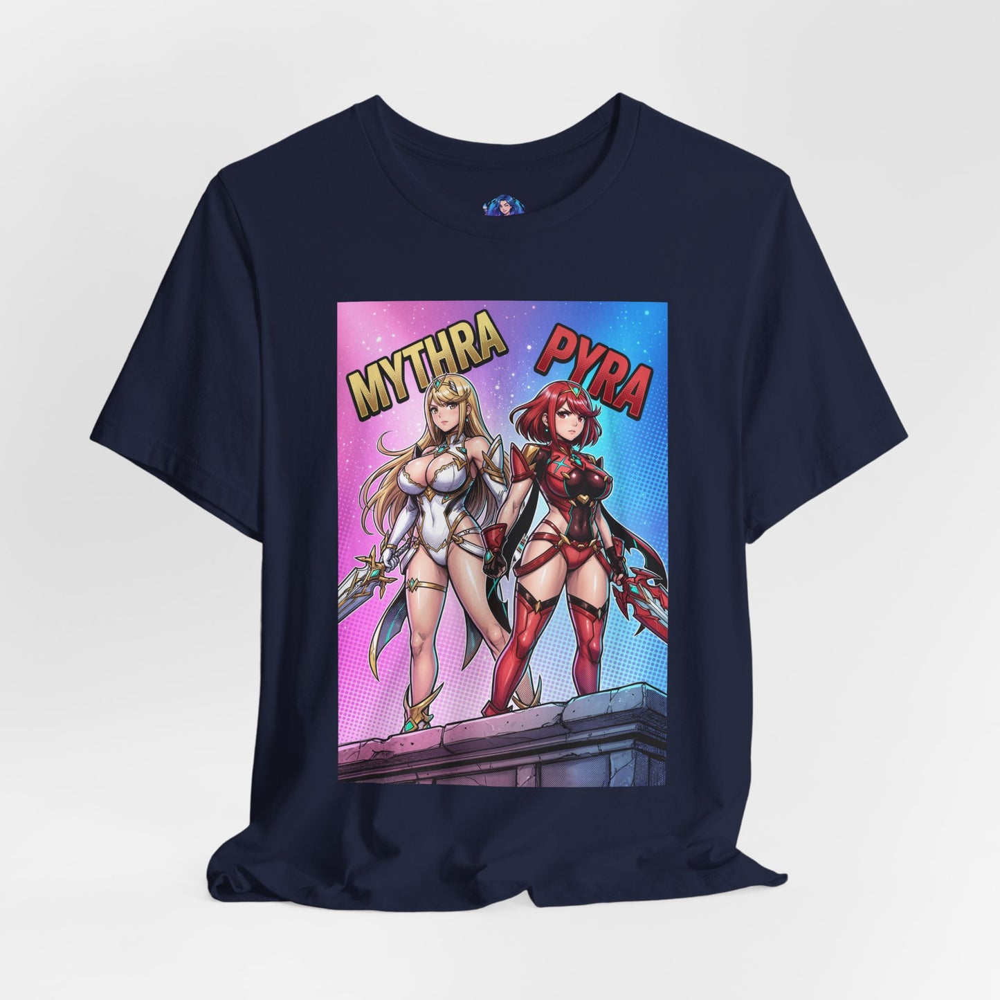 Mythra and Pyra T-Shirt | Anime Tee for Gamers front view showing Mythra and Pyra side-by-side print on navy Bella Canvas tee