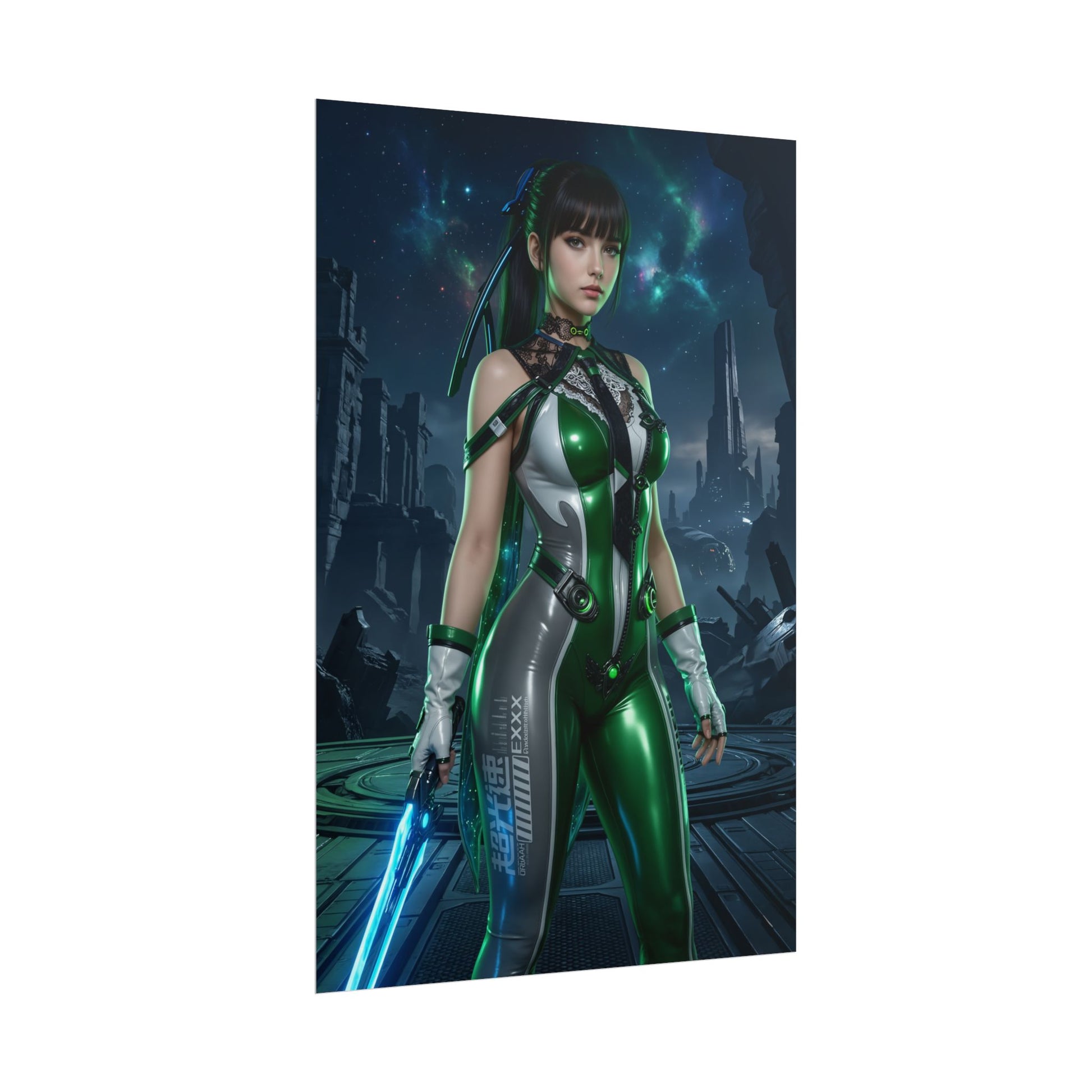 EVE Poster, Stellar Blade Art Print, Iconic Sci-Fi Action Hero - futuristic female warrior in green combat suit holding glowing blade, gaming room art