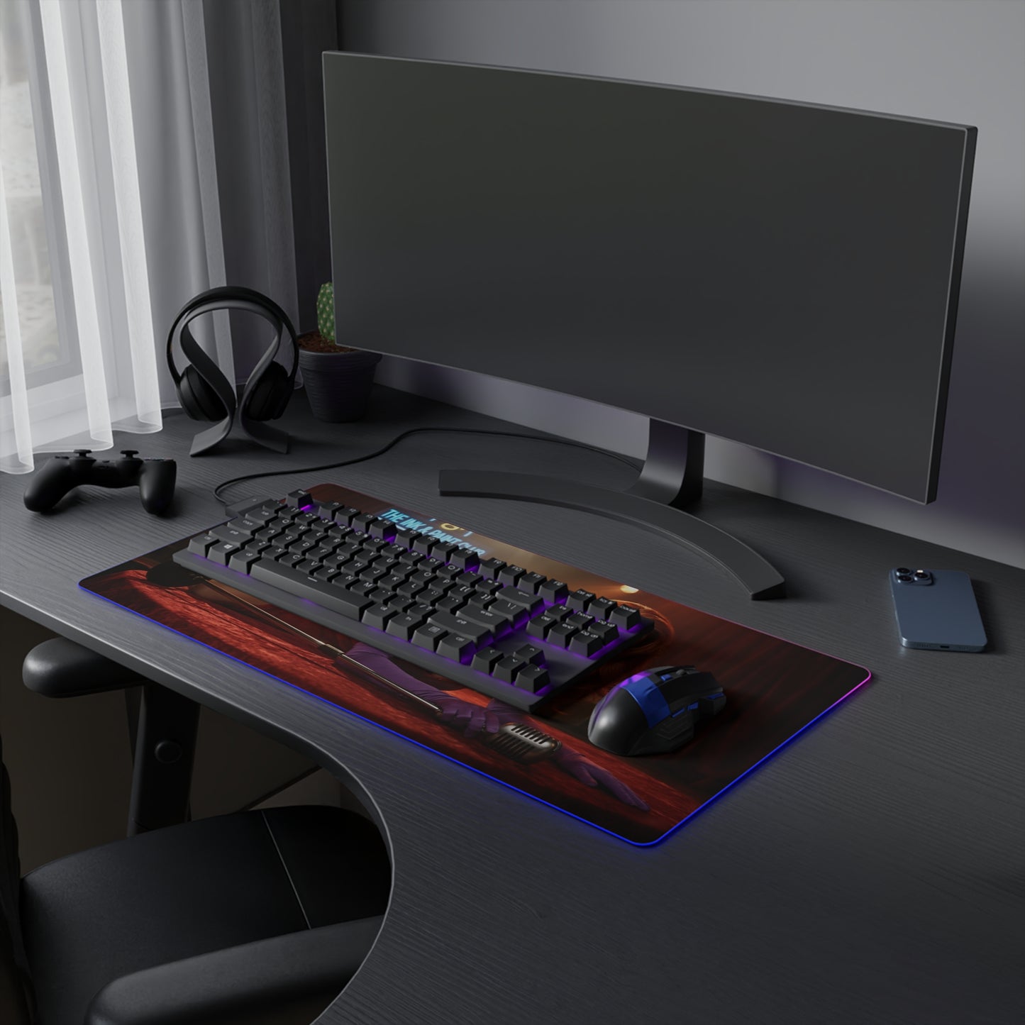 Jessica Rabbit Desk Mat – LED RGB Pad, Waifu Anime Girl Setup on dark gaming desk with keyboard, mouse and RGB glow