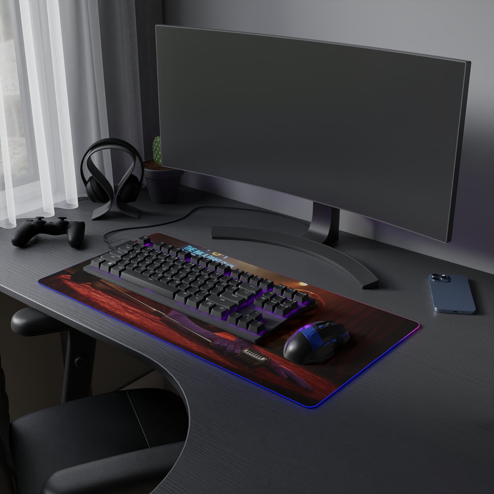 Jessica Rabbit Desk Mat – LED RGB Pad, Waifu Anime Girl Setup on dark gaming desk with keyboard, mouse and RGB glow