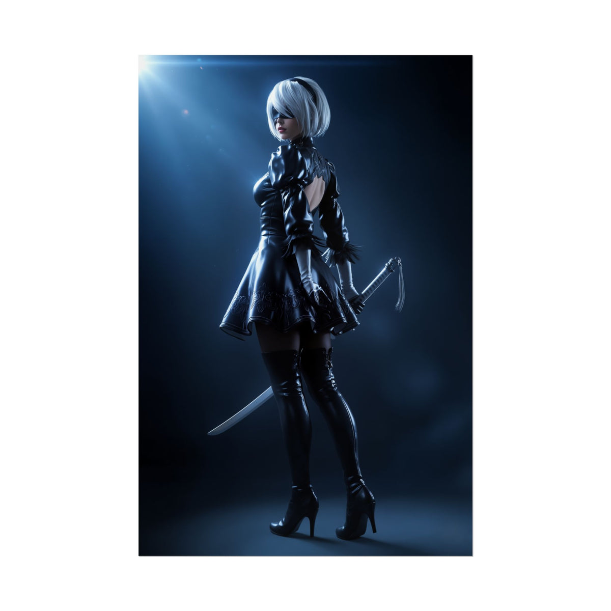 2B NieR Automata Poster  Iconic Android Heroine Wall Art for Gamer Decor featuring 2B in dramatic lighting, ultra-high resolution gamer room print
