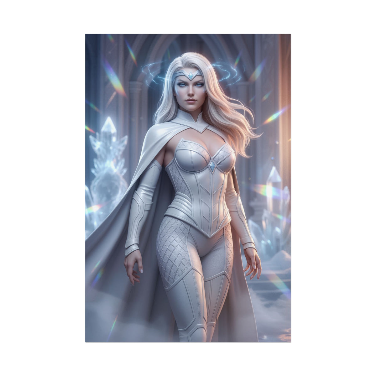 Emma Frost Poster, Marvel Art Print  Superhero Wall Art, elegant high-res comic-style white-clad heroine portrait for gamer rooms and fan collections